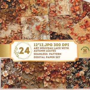 Puede incluir: Un conjunto de papeles digitales con 24 patrones sin costuras. Los diseños presentan encaje Art Nouveau y hojas de otoño en tonos naranja, marrón y crema. La imagen incluye el texto "12*12, JPG 300 DPI". Cada patrón mide 30,48 cm x 30,48 cm.
