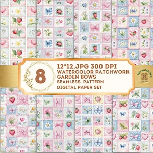 Op de afbeelding: Een digitale papier set met acht aquarel patchwork ontwerpen. Elk ontwerp toont een naadloos patroon van tuinbogen, aardbeien, harten en bloemen in een pastelkleurenpalet. De afbeelding bevat de tekst "12*12, JPG 300 DPI" en "Digital Paper Set."