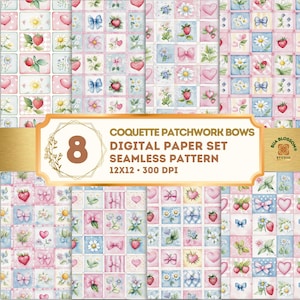 Paquete de papeles digitales Patchwork Garden Bows, patrones sin costuras Coquette Strawberry, papel para álbumes de recortes Cottagecore, fondos pastel de 12x12