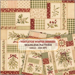 Mistletoe Christmas Digital Paper, Vintage Holiday Seamless Pattern, Patchwork Quilt Scrapbook Paper, Botanical Christmas, 2 JPG