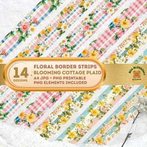 Blooming Cottage Plaid Border Strips, Floral Plaid Borders, Junk Journal Borders, PNG Border Elements, Cottagecore Scrapbook Trim