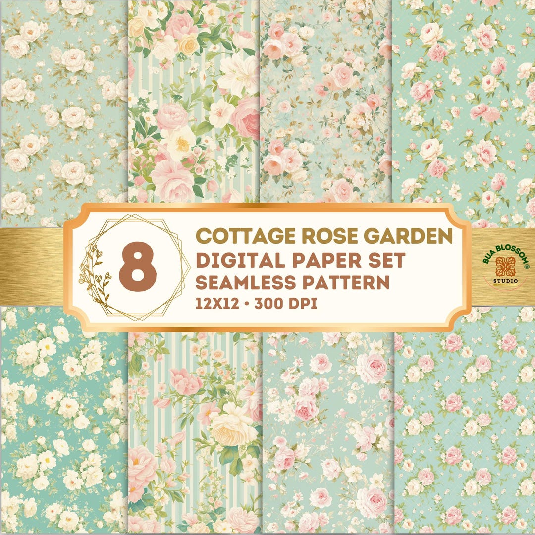 Mint Floral Seamless Digital Paper, Cottage Rose Pattern Bundle, Shabby ...