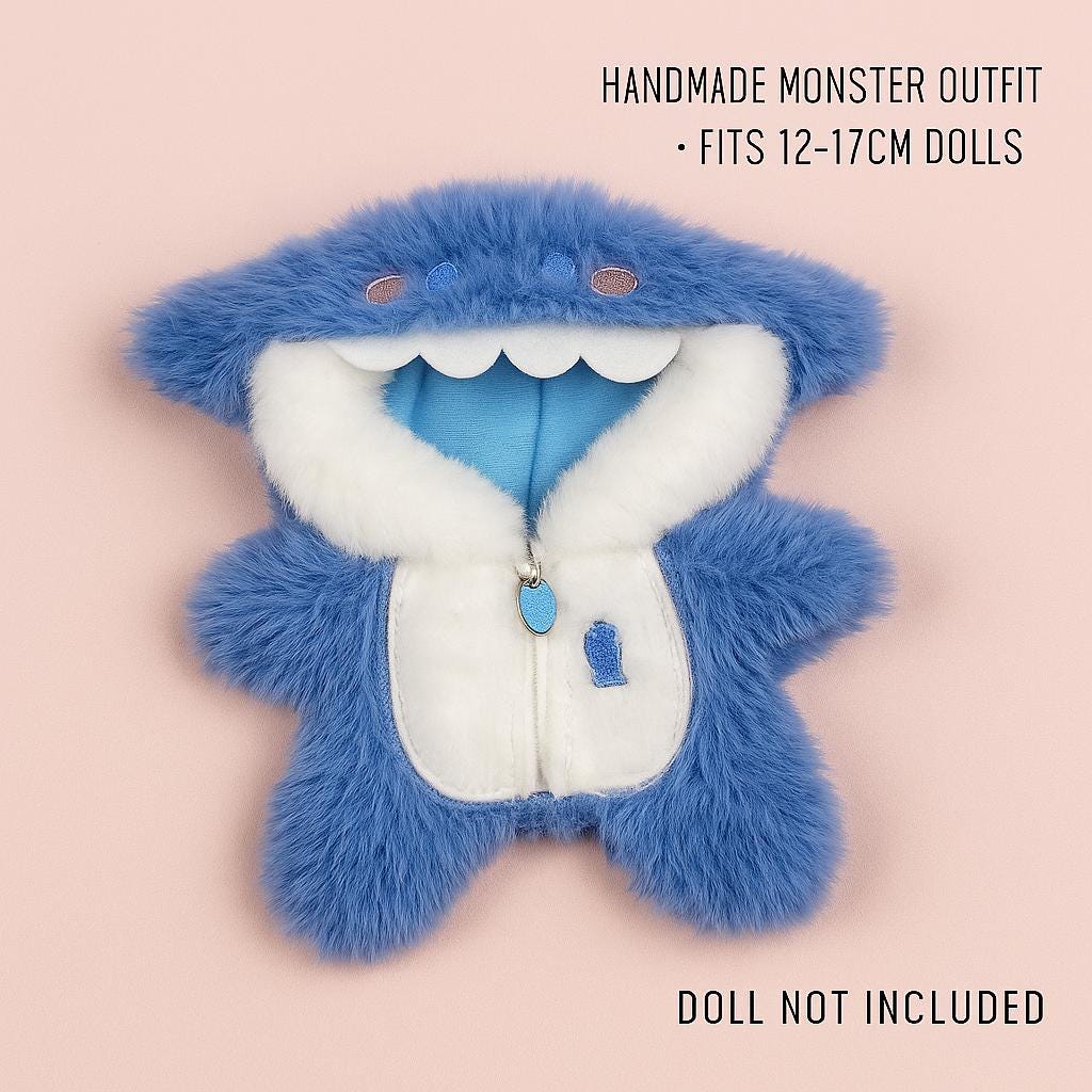 bubu Shark Outfit – Blue Zip-Up bubu Doll Clothes, Handmade bubu Costume, bubu Accessories（Clothes Only ）