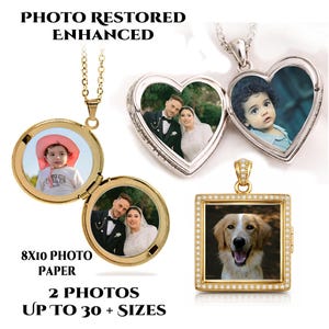 May include: Gold and silver-toned photo lockets in heart and square shapes, and a round locket. Each locket contains a photograph. The image includes the text "PHOTO RESTORED ENHANCED", "8x10 PHOTO PAPER", "2 PHOTOS", and "UP TO 30 + SIZES".