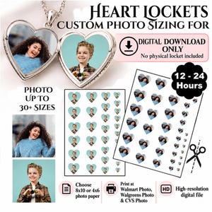 Puede incluir: Un relicario plateado en forma de corazón con dos fotos, acompañado del texto HEART LOCKETS CUSTOM PHOTO SIZING FOR DIGITAL DOWNLOAD ONLY. Incluye hojas de fotos recortadas en forma de corazón en varios tamaños e instrucciones de impresión.