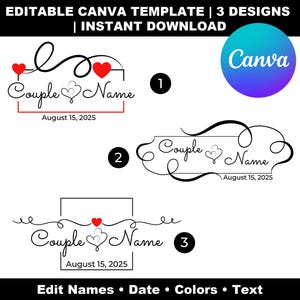 Può includere: Un modello digitale modificabile che presenta tre distinti disegni a linee nere con accenti a forma di cuore rosso. Ogni design include il testo segnaposto Couple Name e August 15, 2025, con ghirigori e cornici decorative per Canva.