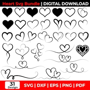 May include: A digital download bundle with 31 heart designs in diverse styles, including solid, outlined, and artistic variations. The designs are in SVG, DXF, EPS, PNG, and PDF formats. The text "Heart Svg Bundle | DIGITAL DOWNLOAD" is at the top.