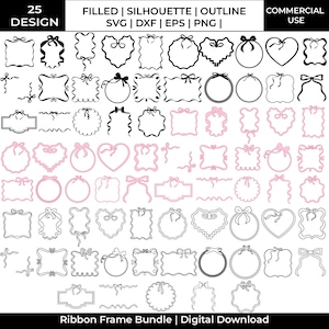 Può includere: Un download digitale di grafica con 25 design di cornici a nastro in stili riempiti, silhouette e contorno. Le cornici includono varie forme come cuori, cerchi e rettangoli, con fiocchi. I design sono disponibili nei formati SVG, DXF, EPS e PNG.