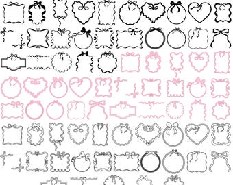 Ribbon Frame SVG Bundle, Coquette Bow Svg, Wavy Border Frames, Hand Drawn Bow SVG, Wedding Ribbon Frame, Cute Bow Clipart, Digital Download