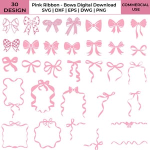May include: A digital download graphic featuring 30 pink ribbon bow designs. The bows vary in style, including classic bows, heart-shaped bows, and ribbon frames. Text at the top reads "Pink Ribbon - Bows Digital Download" and "Commercial Use".