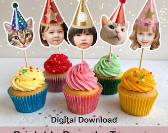 Custom Party Hat Face Cupcake Toppers | Personalized Digital Printable Cupcake Toppers for Birthday | Instant Digital Download