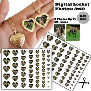 May include: Two gold heart-shaped locket necklaces, one open to reveal a photo. The image also shows heart-shaped photo stickers and text that reads "Digital Locket Photos: 8x10" and "2 Photos Up To 30+ Sizes."