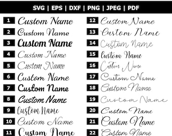 May include: A black and white graphic with the text "Personalised digital file" and file type options. Below are 22 examples of "Custom Name" in various fonts. The bottom text reads "Choose Your Number | Write Your Words | Get Your Personalised Design".