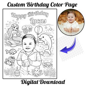 May include: Black and white digital download colouring page with the text "Custom Birthday Colour Page" and "Happy Birthday Lucas". The illustration features a mermaid, dolphin, and other sea creatures. A photo of a baby is in the upper right corner.