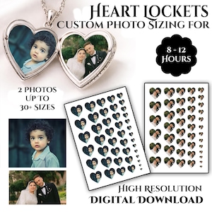 May include: A silver heart-shaped locket with two photos inside, suspended from a chain. The image also shows digital download options with heart-shaped photos and the text "HEART LOCKETS CUSTOM PHOTO SIZING FOR 8-12 HOURS HIGH RESOLUTION DIGITAL DOWNLOAD".