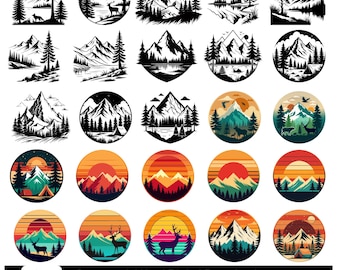 Pacchetto SVG di montagna, clipart di montagna disegnata a mano, file SVG di alberi della foresta per Cricut, file SVG di paesaggi avventurosi, file di taglio per viaggi all'aperto