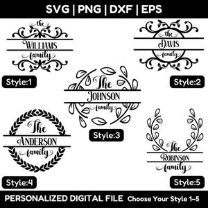 Custom Family SVG, Personalized Split Monogram, Last Name Sign, Wreath Cut File for Cricut
