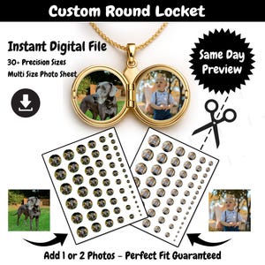 May include: A gold-colored, round locket necklace with two circular photo compartments. The locket is open, revealing a photo of a dog and a baby. The image also shows digital file details, including "Instant Digital File" and "30+ Precision Sizes."