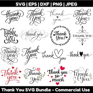 Paquete SVG de agradecimiento, clipart de escritura a mano, archivo PNG de agradecimiento para Cricut, descarga digital, diseño de caligrafía de corazón