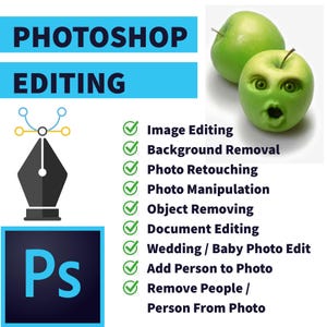 May include: An image promoting Photoshop editing services. The image features the text "PHOTOSHOP EDITING", a pen tool icon, and the Photoshop logo. It also includes green apples, one with a face carved into it, and a list of services like image editing and background removal.