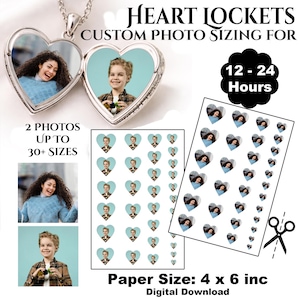 Può includere: Un medaglione a forma di cuore argentato con due foto all'interno, accanto a foto stampate a forma di cuore. Il testo recita "HEART LOCKETS CUSTOM PHOTO SIZING FOR" e "2 PHOTOS UP TO 30+ SIZES". Il formato carta è 10,16 cm x 15,24 cm.