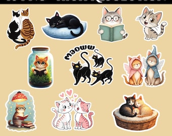 Cute Cartoon Cat Clipart Set, Kawaii Kitty Cuties, Cat Clip Art for Stickers, Adorable Cat PNG, Kawaii PNG Graphics, Transparent Clipart