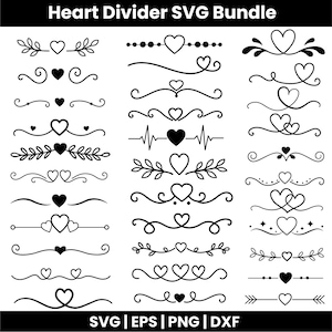 Könnte beinhalten: Eine Sammlung von schwarz-weißen Herz-Divider-Designs in den Formaten SVG, EPS, PNG und DXF. Die Designs umfassen verschiedene Stile von Herzen, Linien und dekorativen Elementen, ideal für digitale Bastel- und Designprojekte.
