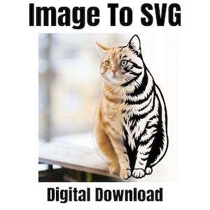 Pode incluir: Um gato malhado laranja com uma sobreposição de design gráfico a preto e branco. A imagem inclui o texto "Image To SVG" na parte superior e "Digital Download" na parte inferior. O gato está sentado numa superfície de madeira.
