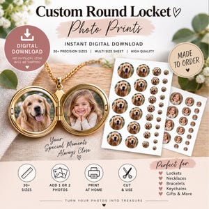 Könnte beinhalten: Ein goldfarbenes, rundes Medaillon an einer Kette, das geöffnet zwei kreisförmige Fotoabzüge eines Golden Retrievers und eines jungen Kindes zeigt. Daneben liegen zwei Papierbögen mit mehreren kreisförmigen Fotoabzügen in verschiedenen Größen.