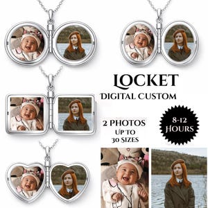 May include: Silver lockets in round, oval, square, and heart shapes, each with a chain. The lockets open to reveal two photos. The image includes the text "LOCKET DIGITAL CUSTOM" and "2 PHOTOS UP TO 30 SIZES".