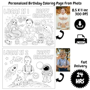 May include: Black and white coloring pages with the text "LUCAS IS 1 HAPPY BIRTHDAY" and "LUCAS IS 2 HAPPY BIRTHDAY". The pages feature illustrations of a mermaid, a dolphin, an astronaut, and other birthday-themed images. The image also includes a photo of a child.