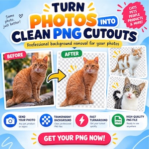 May include: A digital service advertisement featuring the text TURN PHOTOS INTO CLEAN PNG CUTOUTS. It displays before and after examples of an orange cat with a removed background, alongside additional cat images and icons for photo submission.