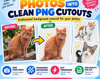 May include: A digital service advertisement featuring the text TURN PHOTOS INTO CLEAN PNG CUTOUTS. It displays before and after examples of an orange cat with a removed background, alongside additional cat images and icons for photo submission.