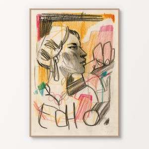 Echo L - Stampa artistica realizzata con matite colorate su carta, disegno su taccuino con disegno figurativo di una donna, arte murale.