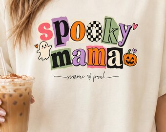 Spooky Mama Shirt Personalized with Kids Names | Halloween Mom T-Shirt Women | Retro Collage Halloween | Gift for Mom