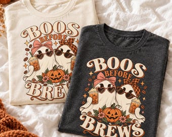 Boos Before Brews Personalized Shirt | Halloween Coffee Shirt for Women | Ghostly Coquette Name on Sleeve | Spooky Season Gift