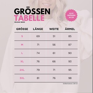 May include: A size chart in German, with the text "GR&Ouml;SSEN TABELLE" in large, bold, black letters. The chart lists sizes S to 3XL, with measurements in centimeters for length, width, and sleeve length. A pink circle states "ALLE GR&Ouml;SSEN IN CM".