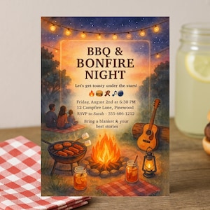 Custom Bonfire Birthday Invitation: Watercolor S&#39;mores Party (PDF & JPEG Digital Files)