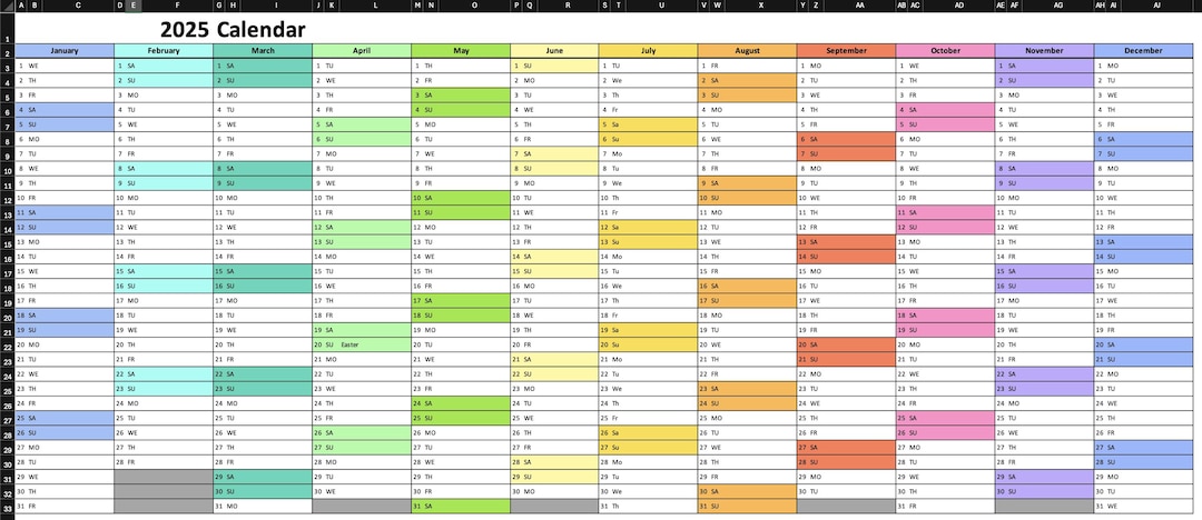 Colorful Dynamic Yearly Excel Calendar Template Etsy