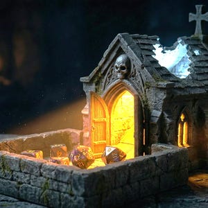 Gothic Crypt Dice Tower, 3D Printed, Stone Grey PLA, Ravenloft DnD Horror