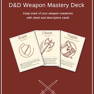 Könnte beinhalten: Ein D&D Weapon Mastery Deck mit drei Karten: "Graze", "Cleave" und "Topple". Jede Karte zeigt eine Waffenillustration und Text. Der Hintergrund ist ein tiefes Rot mit weißem Text und einer Grafik mit gekreuzten Schwertern.