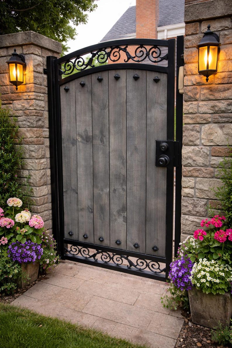 May include: A wooden gate with a gray finish, framed by black metal and adorned with decorative scrollwork. The gate is flanked by brick columns with lit lanterns and flower pots filled with pink, purple, and white flowers.
