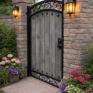 May include: A grey wooden garden gate with black wrought iron detailing and decorative flourishes. Stone pillars with sconce lights frame the gate. Flowerbeds with colourful blooms sit either side.