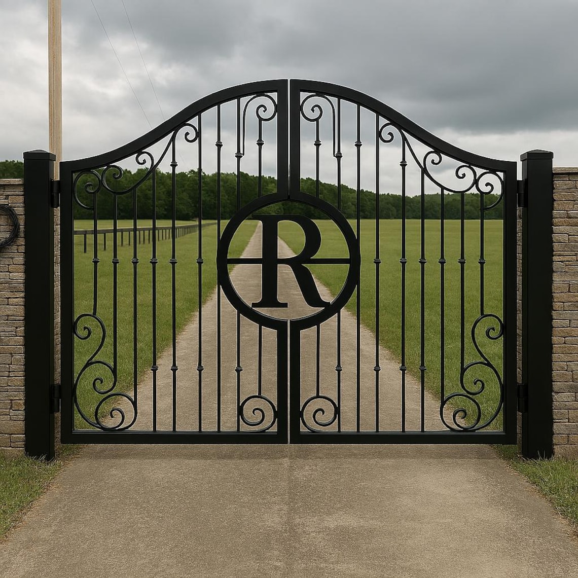 Black Stallion Iron Gate / Driveway Gate With Elegant Scrollwork and ...
