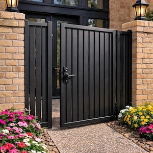 Puede incluir: Puerta de metal negro con listones verticales, parcialmente abierta, en una pared de ladrillo. La puerta conduce a un camino de guijarros bordeado de flores coloridas. Dos faroles negros se asientan sobre pilares de ladrillo.