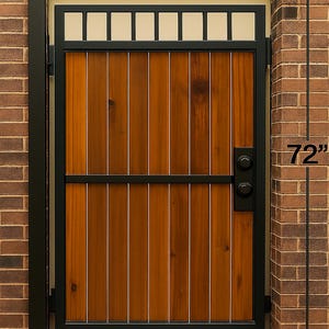 May include: A wooden gate with a black metal frame. The gate is 48 inches wide and 72 inches tall. The gate is made of vertical wooden planks and has a black handle.