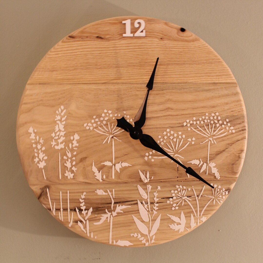 Ash Clock Reclaimed Ash Wall Clock – Handmade Rustic Floral Clock – 16” Wooden ...