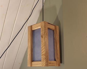 Reclaimed Ash Wood Pendant Light – Blue Diffuser Lantern Lamp (Plug In) - Fieldlight Collection
