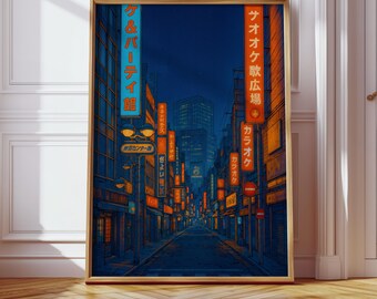 Cyberpunk Tokyo Wand Kunst Druck | Neon City Street Poster | Japanisches Anime Ästhetisches Dekor | Japandi Raumdekor | Digitaler Download