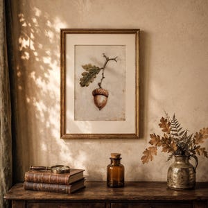 May include: A framed botanical print featuring a detailed illustration of a single brown acorn with a green oak leaf attached to a twig. The artwork is encased in a thin gold-toned frame with a cream-coloured mat, displayed on a wooden surface.